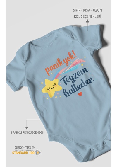Morivokids Panik Yok Teyzem Halleder Kısa Kollu Bebek Body %100 Pamuk Bebe Mavisi