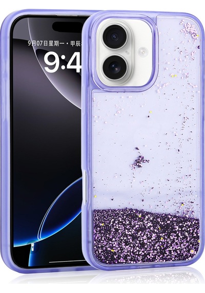Apple, Uyumlu iPhone 16 Kılıf Sıvılı Simli Şeffaf Arka Yüzey Zore Keto Silikon Kapak Mor