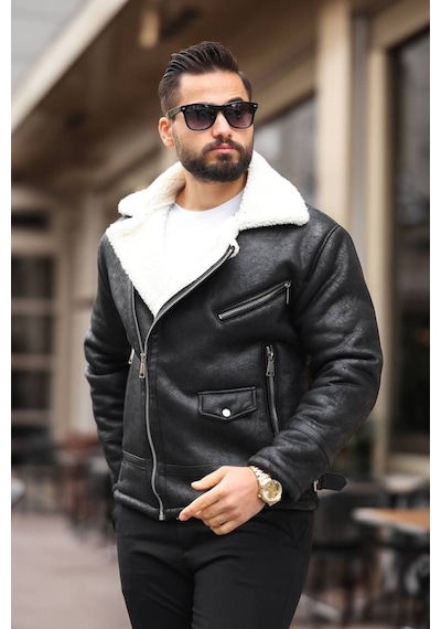 Erkek Biker İçi Kürüklü Ceket/mont Siyah Beyaz Biker