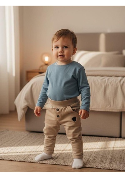 Zekids Erkek Çocuk Pamuklu Lastikli Duble Paça Eşofman Altı-16388 Bej