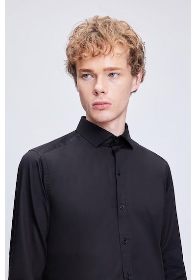 Hatemoğlu Siyah Slim Fit 100% Pamuk Açık İtalyan Yaka Uzun Kollu Saten Gömlek 24d190000045 002 Siyah