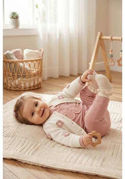 Ahengim Kız Bebek 3 Parça Çiçek Aplikeli Örgü Hırkalı Alt Üst Takım Pembe Ak50755