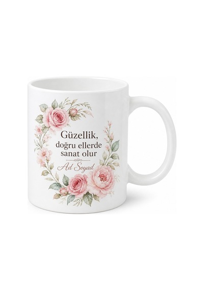 Güzellik Uzmanına Özel Zarif Çiçekli Seramik Kupa Bardak Hediye Beyaz / Çok Renkli