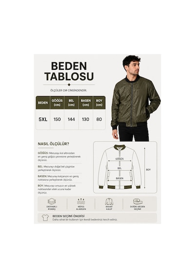 Neco Giyim Erkek Haki Bomber Mont Fermuarlı Dik Yaka Ribanalı Cepli Mevsimlik Mont Haki