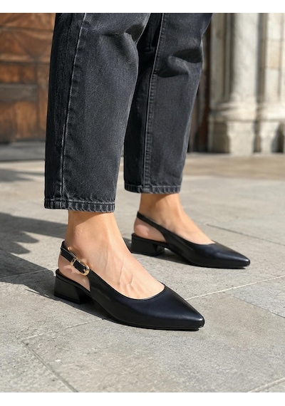 Asmi Shoes Kadın Solvi Siyah Cilt 3 Cm Kısa Topuklu Arkası Açık Ayakkabı