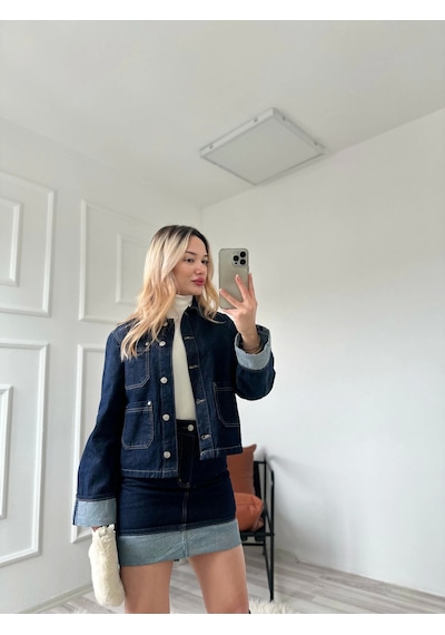 Keymoda Kadın Denim Etek Ceket Takım Mavi Mavi