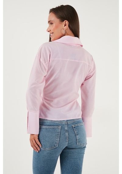 Lela Pamuklu Regular Fit Uzun Kollu Bağlama Detaylı Bayan Gömlek 65200538 Pembe