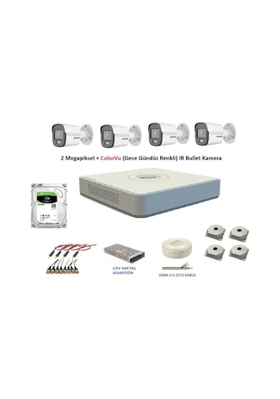 Hikvision 2 MP 4 Kameralı 500 GB Disk Dış ortam AHD HD-TVI ColorVu Gece Renkli Kamera Seti