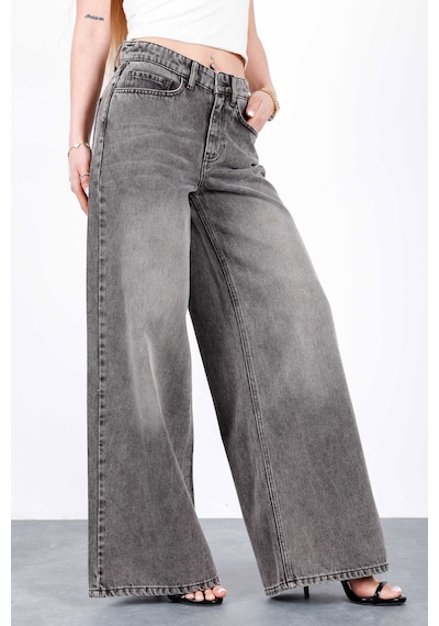 HLT Jeans Gri Kar Kadın Wide Leg Jean %100 Pamuklu Yüksek Bel Palazzo Kot Pantolon Angel-2050 Kar Yıkama