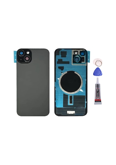 Apple Uyumlu iPhone 15 Plus Siyah Full Nfc Ve Demirli Arka Kapak Batarya Kapağı Pil Kapağı Yapışkan Ve Sökme Aparatıyla Beraber Full Set Siyah