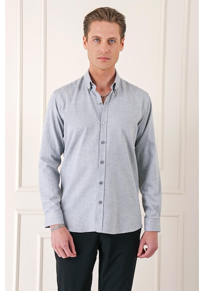 Efor Slim Fit Düğmeli Yaka Dokulu %100 Pamuk Klasik Açık Gri Gömlek Gk 724 Gri