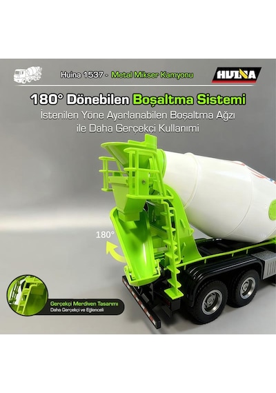 Huına 1537 1/14 12ch Profesyonel Rc Uzaktan Kumandalı İş Makinesi Metal Beton Mikser Çimento Kamyonu İnşaat Aracı Mixer Truck - Sesli Ve Işıklı