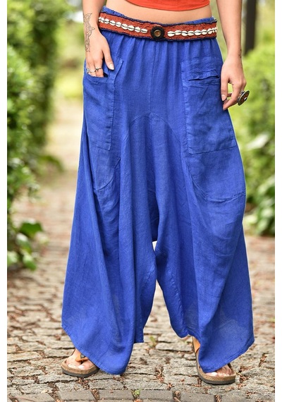 Bohem Stil İtalyan Cepli Keten Şalvar Pantolon Cmn00154 Mavi