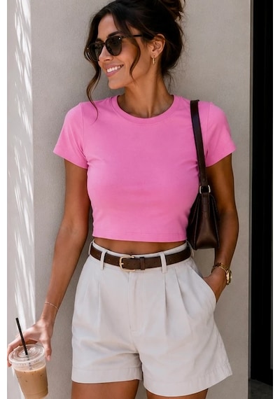 Bbbutikbasic %100 Pamuk Basic Crop Tişört My3535 Pembe