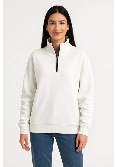 Primemagazam Kadın 3 İplik Pamuklu Dık Yaka Yarım Fermuarlı Sweatshirt - Beyaz Çeşitli