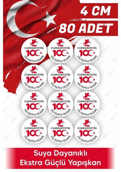 29 Ekim Kutlama Stickerı - Cumhuriyetin 100. Yılı Süsleme Sticker 4cm 80 Adet, 100 Yıl Kutlama
