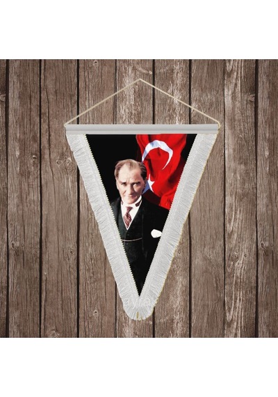 Atatürk Ve Atatürk İmzalı Türk Bayrağı Beyaz Saçaklı Üçgen Flama Bayrak Hatıra Flama Ata51 Diğer