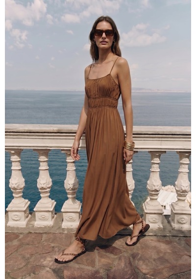 Sateen Askılı Uzun Elbise - Kahve-137493