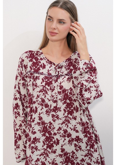 Bigdart Kadın Desenli Uzun Elbise 2596 - Bordo