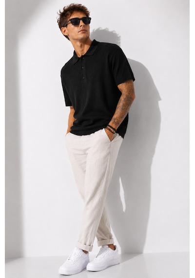 Ribana Erkek Kısa Kollu Fitilli Yarım Düğme Kapama Polo Yaka T-shirt 26001 Siyah
