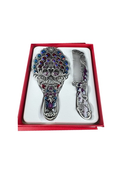 Tavus Kuşu Desenli Vintage Ayna Tarak Seti Özel Tasarım Ve Özel Kutulu 13,5 Cm & 13 Cm Gümüş