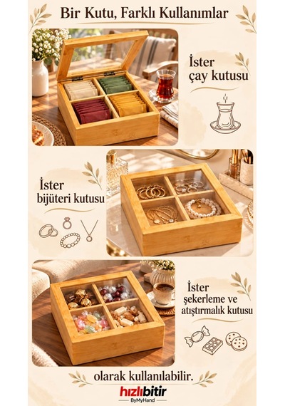 Bymyhand Bambu 4 Bölmeli Çay Kutusu Dekoratif Kutu Çok Amaçlı Kutu Kahverengi