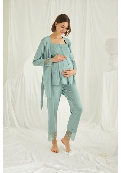 Monamise 18468 Kadın Açık Yeşil Dantelli Önü Düğmeli Hamile Lohusa 3'lü Sabahlıklı Pijama Takımı