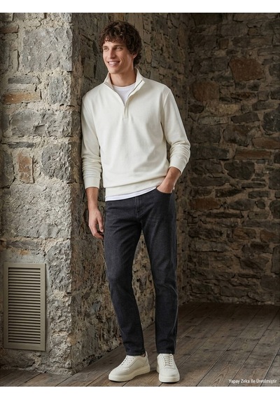 Kip Koyu Gri Düz Slim Fit Denim Pamuk Karışımlı Pantolon