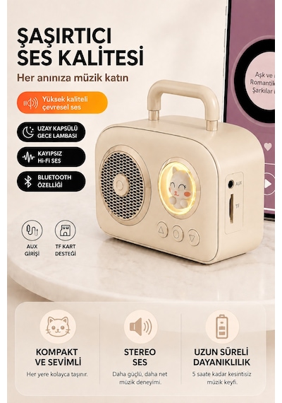 Taşınabilir Özel Tasarım Güçlü Ses 5w Kedi Figürlü Bluetooth, Aux, Tf Kart Destekli Hoparlör