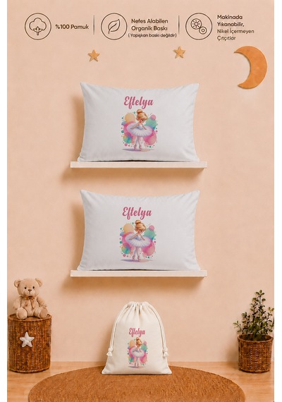 İsme Özel Kız Bebek Hediyesi 2 Adet 35x45 %100 Pamuk Yastık Kılıfı Ve Ham Bez Bebek Kıyafet Kesesi 1046y2k0x