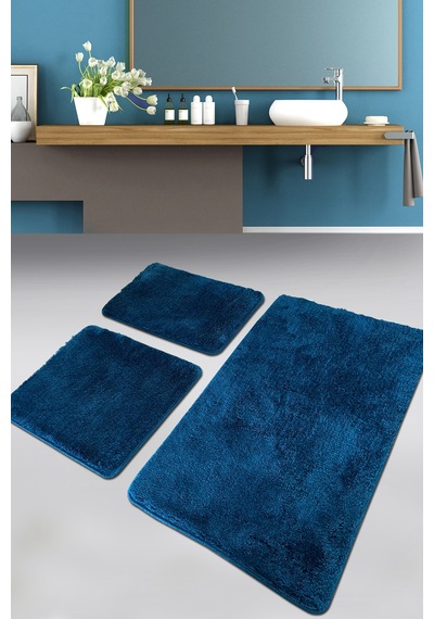 Pasific Dark Blue 3 Lü Set Banyo Halısı Paspas Yıkanabilir
