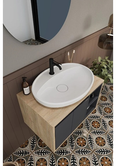 Gül 70 Cm %100 Mdf Lavabolu Banyo Dolabı Ayna Alt Dolap Lavabo Antrasit