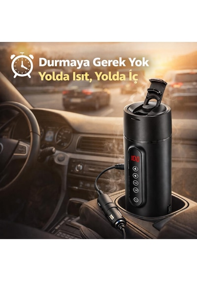 Coofbe Paslanmaz Çelik 470ml Araç Su Isıtıcı Taşınabilir Termos Dijital Ekranlı Araç Su Isıtıcı Kattle siyah
