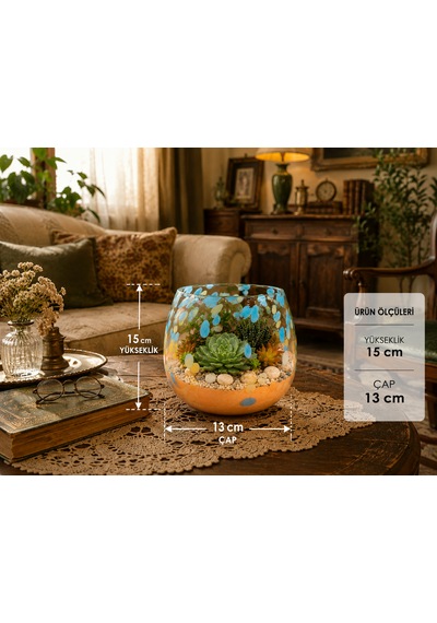 Üfleme Cam Teraryum Saksı Seti Turuncu Mavi Benekli Dekoratif Cam Kase Vazo 15x13 Cm
