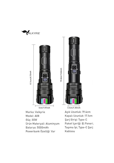 Valkyrie Şarjlı El Feneri 30w Powerbank Özellikli Type-c Zoomlu 5 Modlu Ultra Güçlü Led Fener Siyah