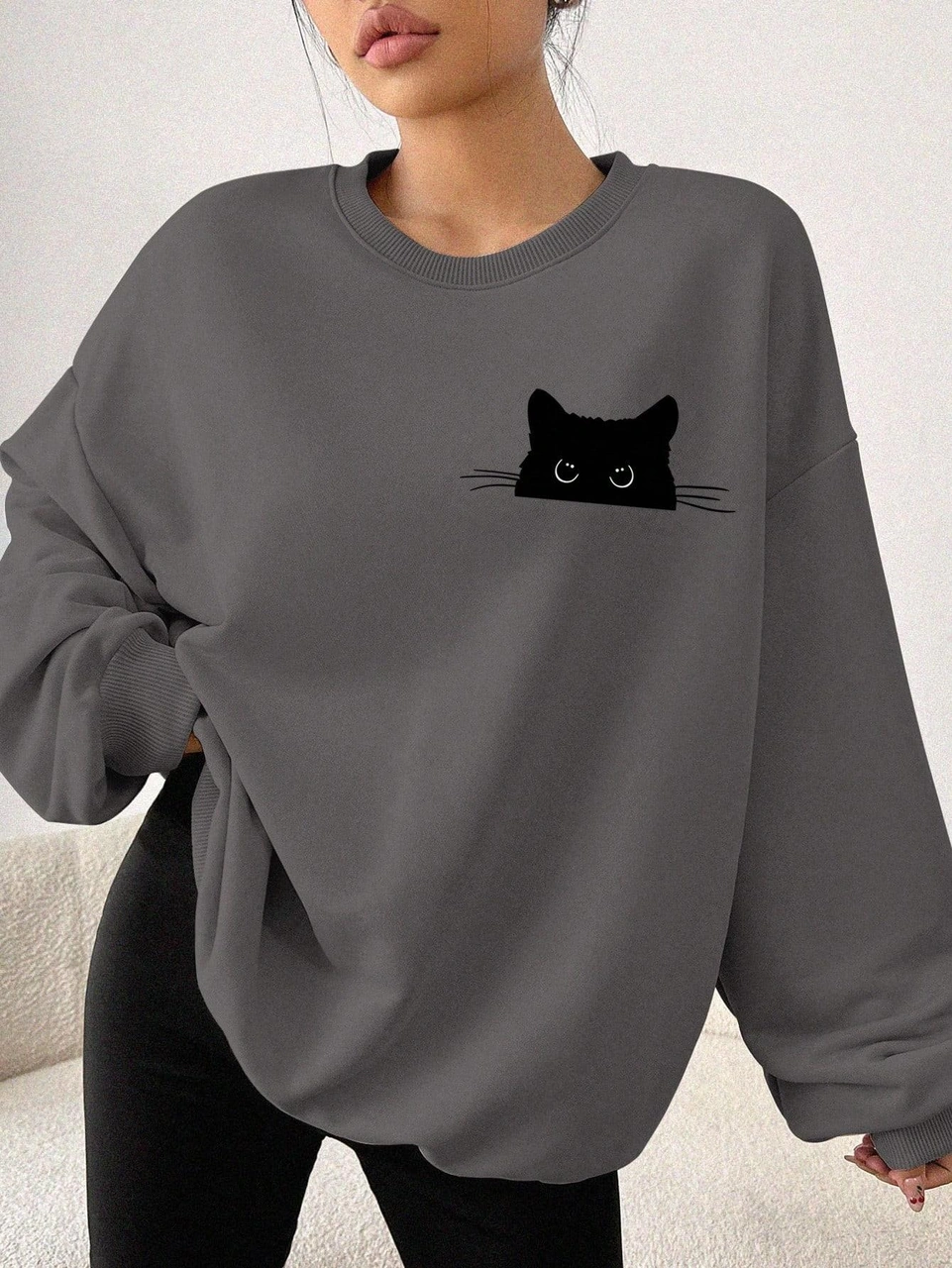 Afri Füme Oversize Geniş Kalıp 3 İplik Şardonlu Sweatshirt Bisiklet Yaka Kedili Baskılı Kalın Sweat Füme