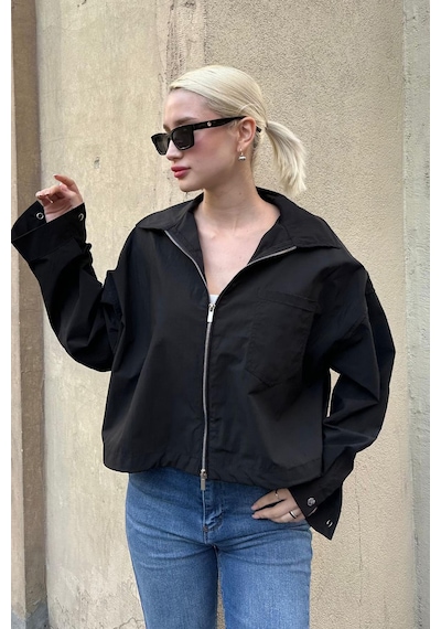 Madmext Siyah Fermuarlı Cep Detaylı Oversize Kadın Ceket Mg2188 Siyah