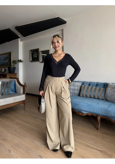 Keymoda Kadın Dökümlü Pileli Pantolon Bej
