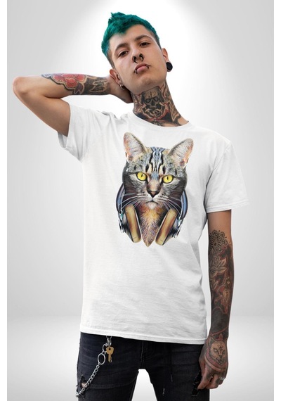 Kulaklık Kedi Unisex Unisex Beyaz Organik Baskılı T-shirt Penye Yüksek Kalite Beyaz