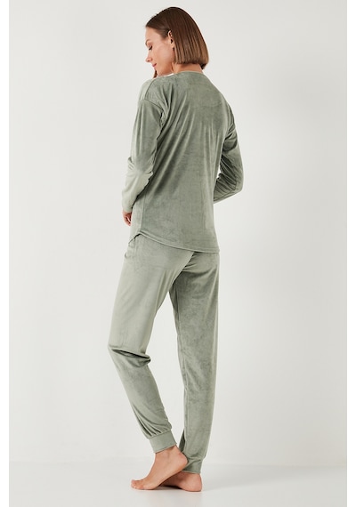 Lela Standart Fit Bisiklet Yaka Yumuşak Kadife Bayan Pijama Takımı 6094202 Mint