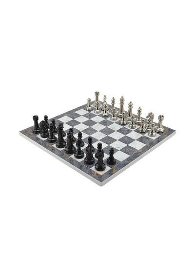 Gifthome Premium Black Metal Klasik Satranç Takımı Ve Gri Mermer Desenli Mdf Satranç Tahtası 37x37 Cm.