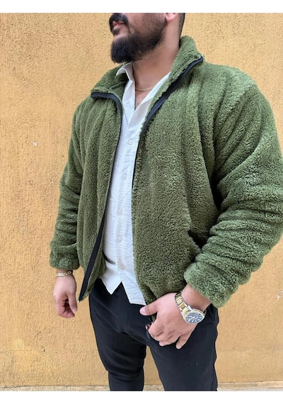 Fifty Color Haki Peluş Dik Yaka Cepleri Fermuarlı Oversize Peluş Ceket Haki
