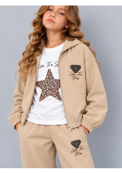 Kokoş Bebe Kız Çocuk Dokuma Viskon 3'lü Takım Leopar Yıldız Detaylı Kapüşonlu Ceket Tişört Bol Paça Pantolon - 5/13 Yaş - 31984 Krem Kokoş Bebe Kız Çocuk Dokuma Viskon 3'lü Takım Leopar Yıldız Detaylı Kapüşonlu Ceket Tişört Bol Paça Pantolon - 5/13 Yaş - 31984 Krem