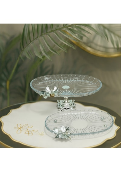 Elta Collection 2 Li Paşabahçe Kristal Metal Ayaklı Gümüş Oval Düz Pasta Sunumluk Kurabiyelik Gümüş Oval Düz
