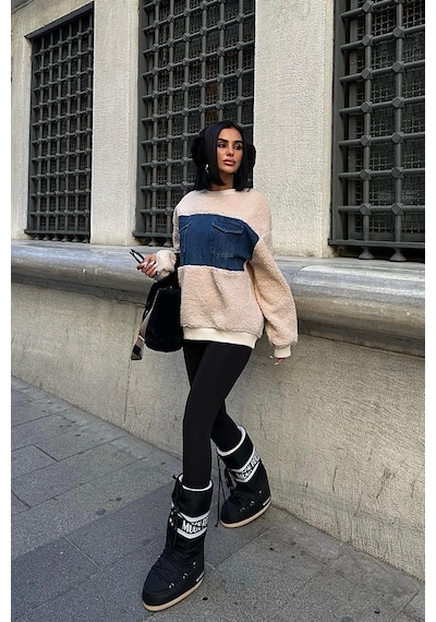 WeShaya Kadın Taş Polyester Bisiklet Yaka Uzun Kollu Sweatshirt Taş