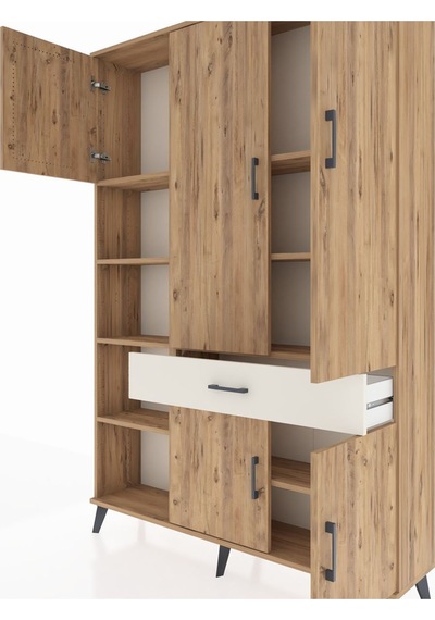 Arges Dolap 8 Raflı Tek Çekmeceli 5 Kapaklı 132x30x195 Çam-ça... Çam