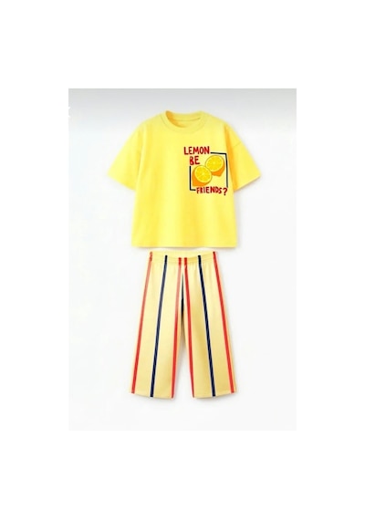 Monila Unisex Çocuk Pamuklu Sarı Limon Baskılı T-shirt Ve Eşofman Alt Üst Takım