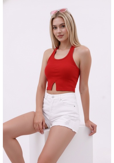 Zedefx Kadın Halter Yaka Kaşkorse Bluz Kırmızı