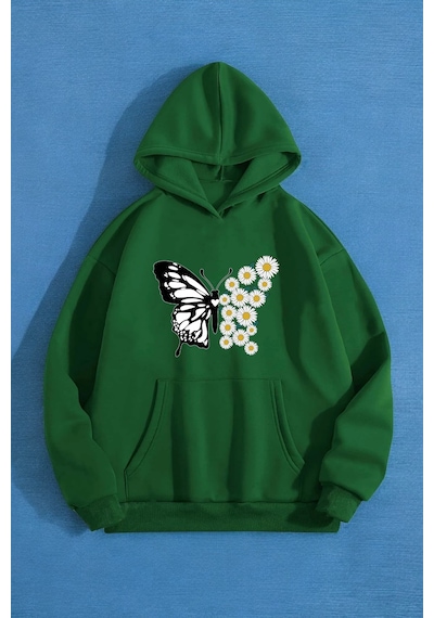 Papatya Kelebek Baskılı Oversize Sweatshirt Yeşil