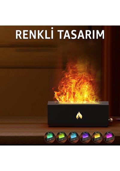 Robeve Şömine Görünümlü Aroma Difüzör Ve Hava Nemlendirici Alev Efektli Led Işıklı, Sessiz Çalışan Ultrasonik Buhar Makinesi, Aromaterapi Ve Dekoratif Ortam Aydınlatması Siyah